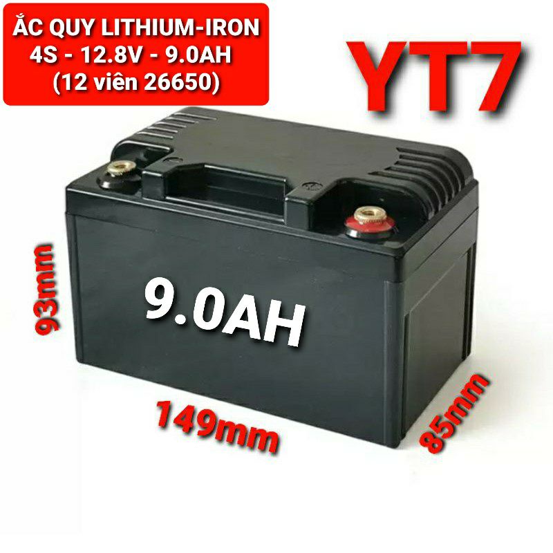 Achun.vn - YT7 - ẮC QUY LITHIUM SẮT 4S - 12.8V - 9.0AH - 12 Cell 26650- Khởi động xe máy