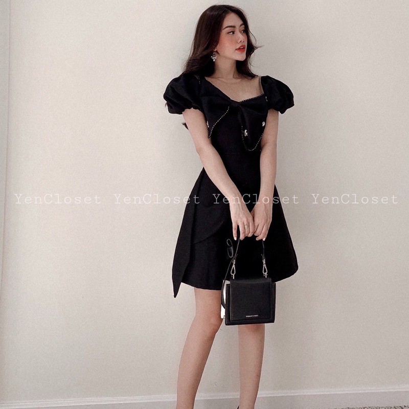 HÌNH CHỤP THẬT - đầm xoè đen nơ kết hạt