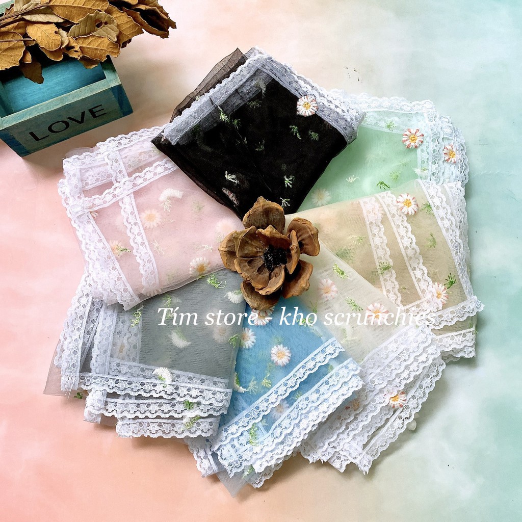 {Tím.Little}{Ảnh Thật} KHĂN BANDANA TURBAN HOA CÚC LÁ THÊU VIỀN REN, ĐA NĂNG CHOÀNG CỔ, CỘT TÓC, ĐEO TAY