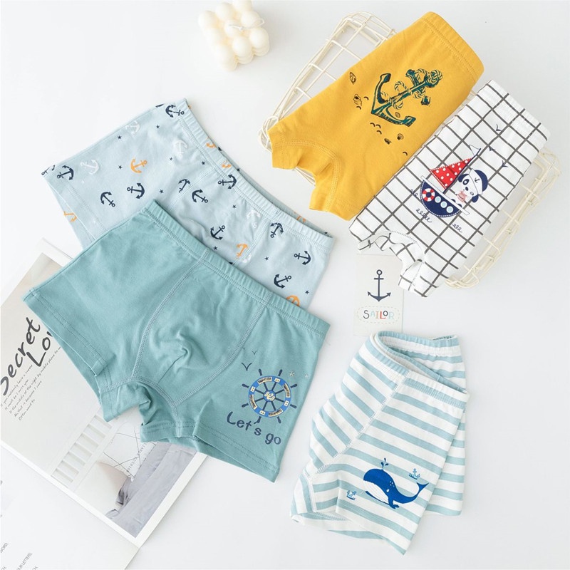 [THOMAS KIDS] 3-12 tuổi Đồ lót Boxer trẻ em 5 chiếc / Bộ 100% cotton Cartoon Ocean Series Mẫu Quần lót Boxer Đồ lót cho bé trai Bán buôn