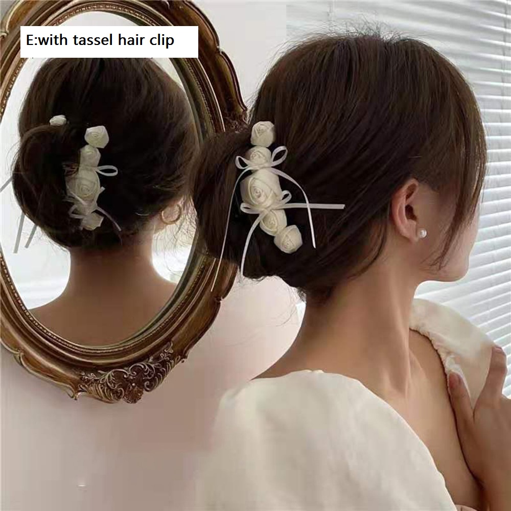 Kẹp tóc/ Dây cột tóc hình hoa hồng màu trắng phong cách Retro cho nữ