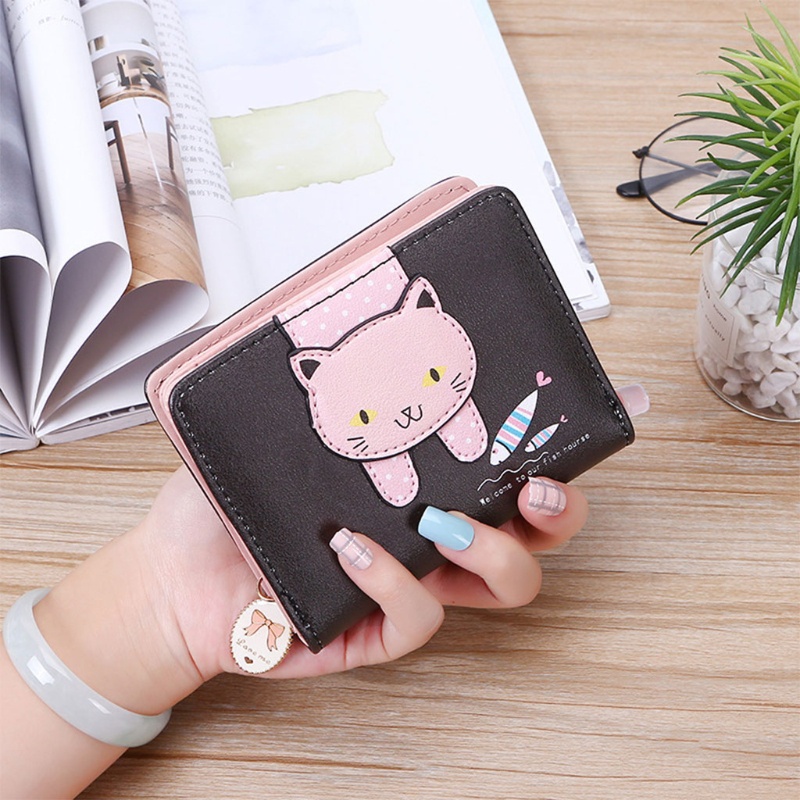 Ví Da PU Ngắn Đựng Thẻ / Tiền Xu In Hình Mèo Dễ Thương Kiểu Retro Cho Nữ
