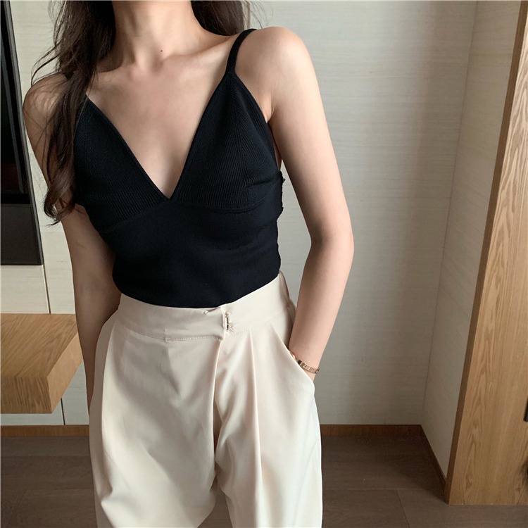 Áo croptop ZHELIHANGFEI dệt kim hai dây cổ V màu trắng/đen/cà phê phong cách Âu Mỹ quyến rũ thời trang mùa hè cho nữ