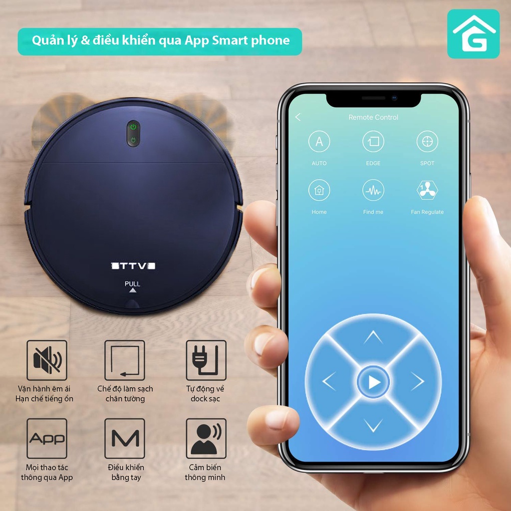 Robot hút bụi lau nhà Ireland GTTVO 150 App điều khiển từ xa tự về sạc hộp nước điện tử