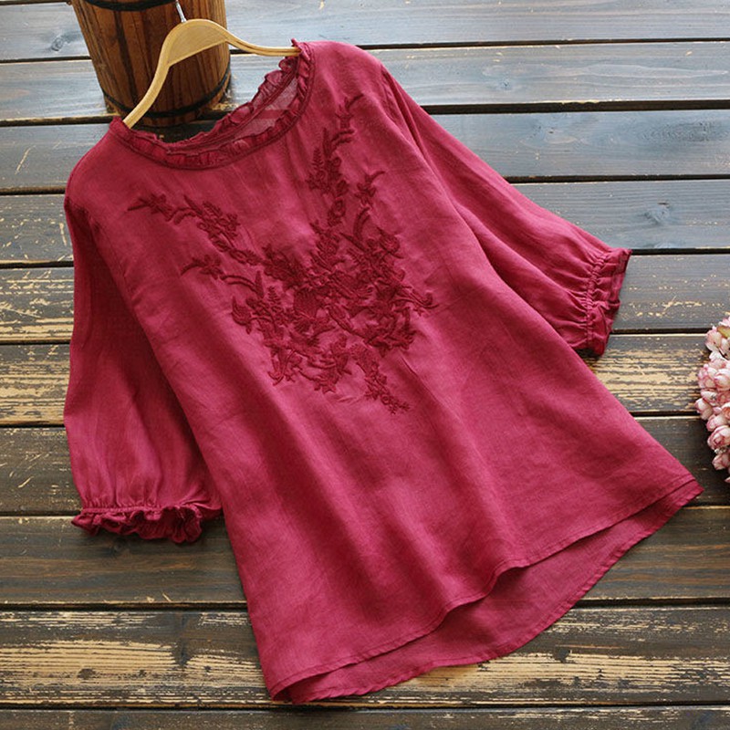 Áo kiểu cổ tròn chất liệu cotton lanh thoáng khí thêu họa tiết xinh xắn cho nữ