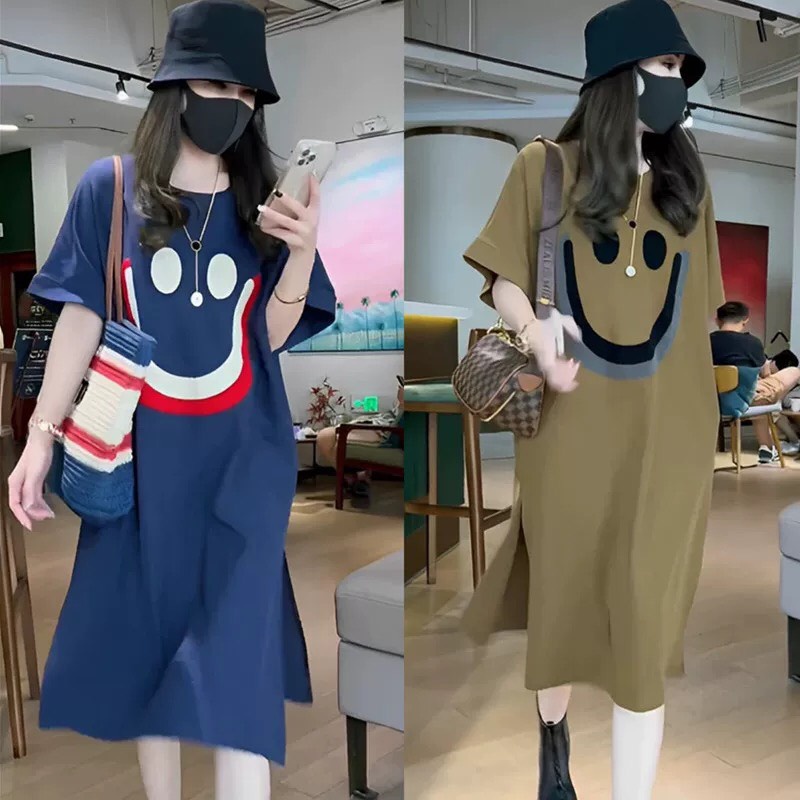 Đầm suông chất cotton cổ tròn in hoạ tiết miệng cười dáng dài - Váy ngủ thun co dãn from rộng hình hai mắt xinh xắn