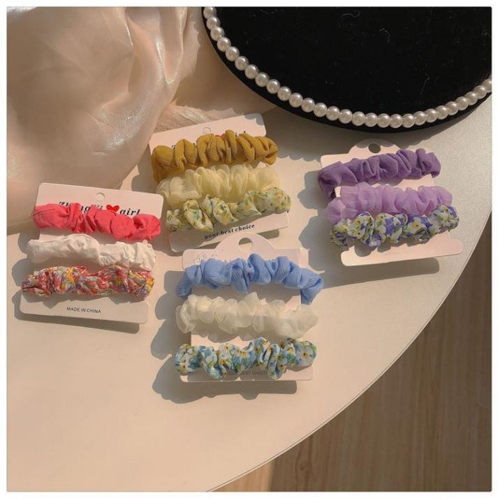Dây Buộc Tóc SOLANO Chun Buộc Tóc Co Giãn Set 3 Dây Chun Buộc Tóc Vải Hoa Phong Cách Hàn Quốc FA-001240