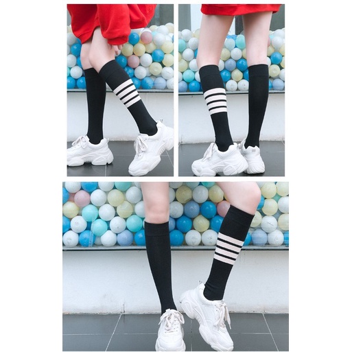 [Mã FAMARAL1 giảm 10K đơn 50K] Tất vớ nữ cao cổ dài dưới gối ulzzang Hàn Quốc loại 4 sọc dày dặn 90% cotton dài 38cm