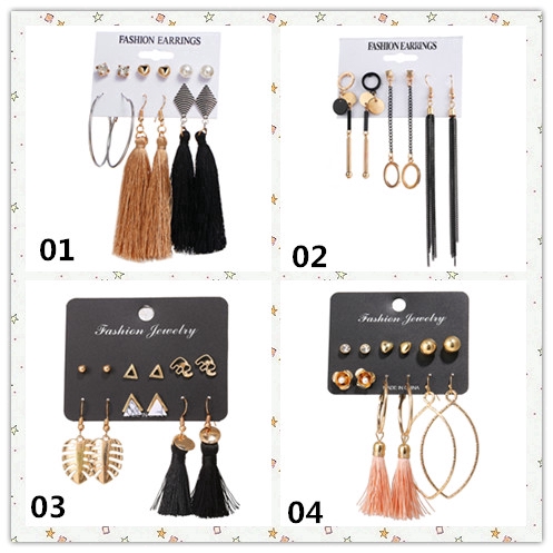 Set 6 cặp khuyên tai xỏ thiết kế tua rua kiểu dáng hình học đính đá pha lê ngọc trai phong cách retro cho nữ