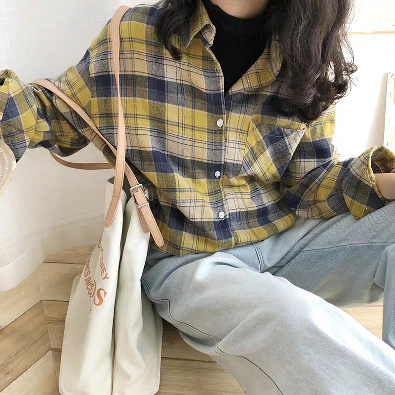 ÁO SƠ MI KẺ NỮ DÀI TAY DÁNG RỘNG