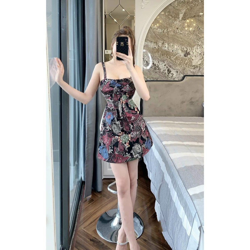 Đầm xòe hai dây nơ ngực họa tiết hoa Việt Hoàng Shop