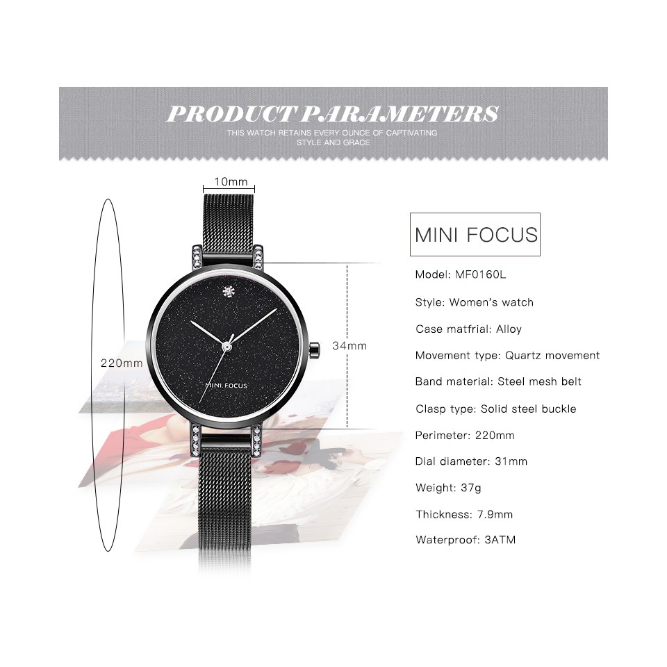Đồng hồ nữ Mini Focus dây thép lưới đính đá mặt ánh sao MF160