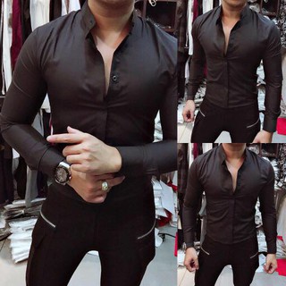 Áo sơ mi nam cổ tàu đen Reality, body chuẩn form Hàn, chống nhăn cao cấp