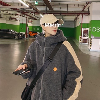 Áo khoác lông cừu tay dài dáng rộng có khóa kéo kiểu Hàn phong cách mùa đông thanh lịch thoải mái dành cho nam