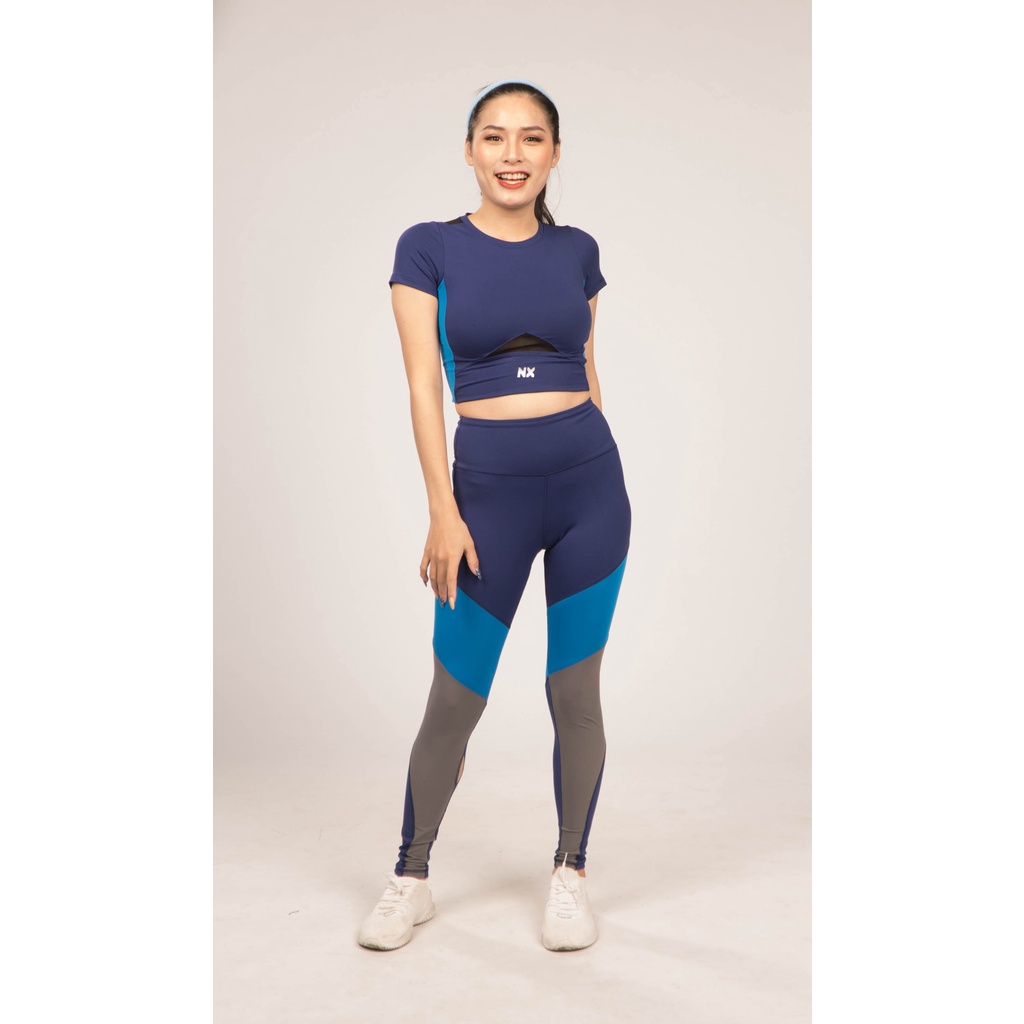 Bộ đồ tập gym yoga thể thao nữ áo bra quần dài phối sọc chéo họa tiết đẹp tôn dáng nâng mông màu xanh