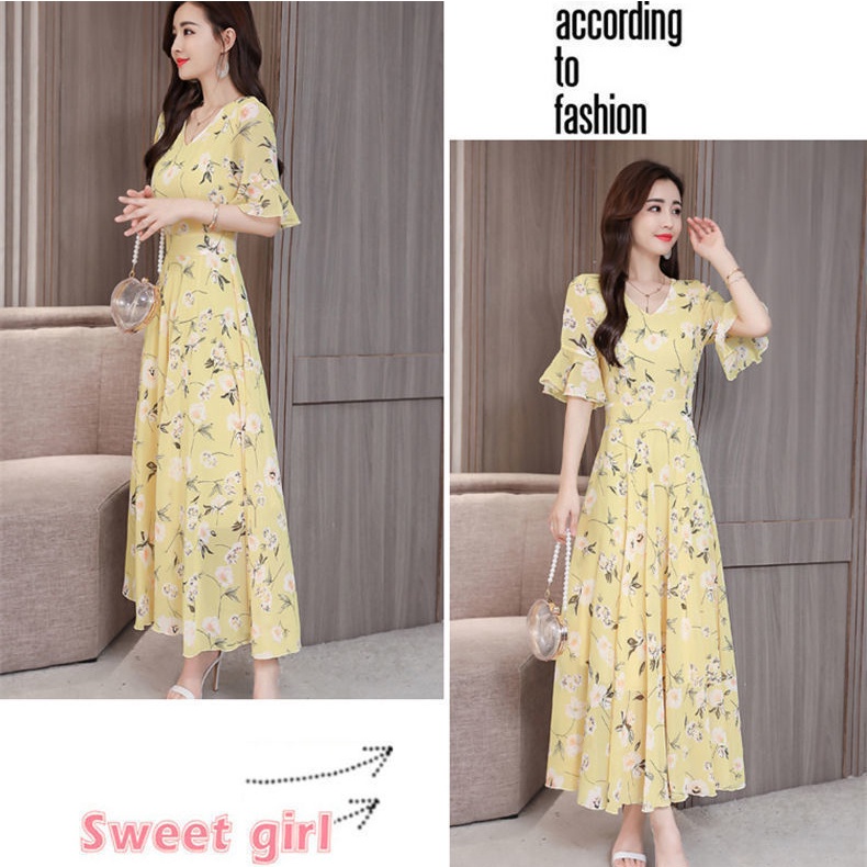 Đầm Dài Tay Ngắn Cổ Chữ V In Họa Tiết Hoa Nhí Xinh Xắn Thời Trang Cho Nữ