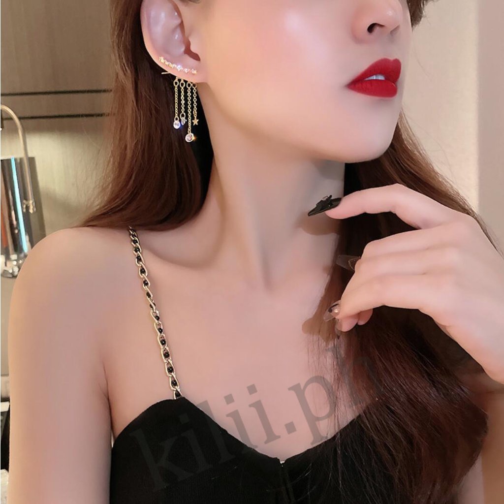 Đôi Bông Tai Dáng Dài Họa Tiết Ngôi Sao Đính Đá Thời Trang Cho Nữ