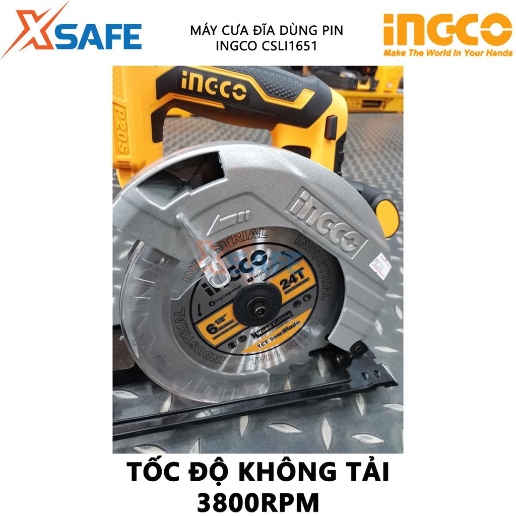 Máy cưa gỗ cầm tay dùng pin 20V INGCO CSLI1651 Máy cưa đĩa đường kính 165mm, tốc độ 3800rpm, khả năng cắt tối đa 55mm
