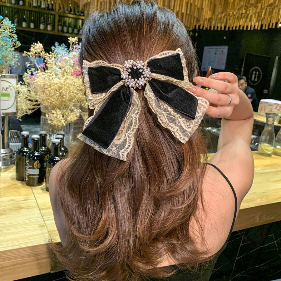 Kẹp nơ vải nhung phối ren đính ngọc trai phong cách thanh lịch thời trang Hàn Quốc