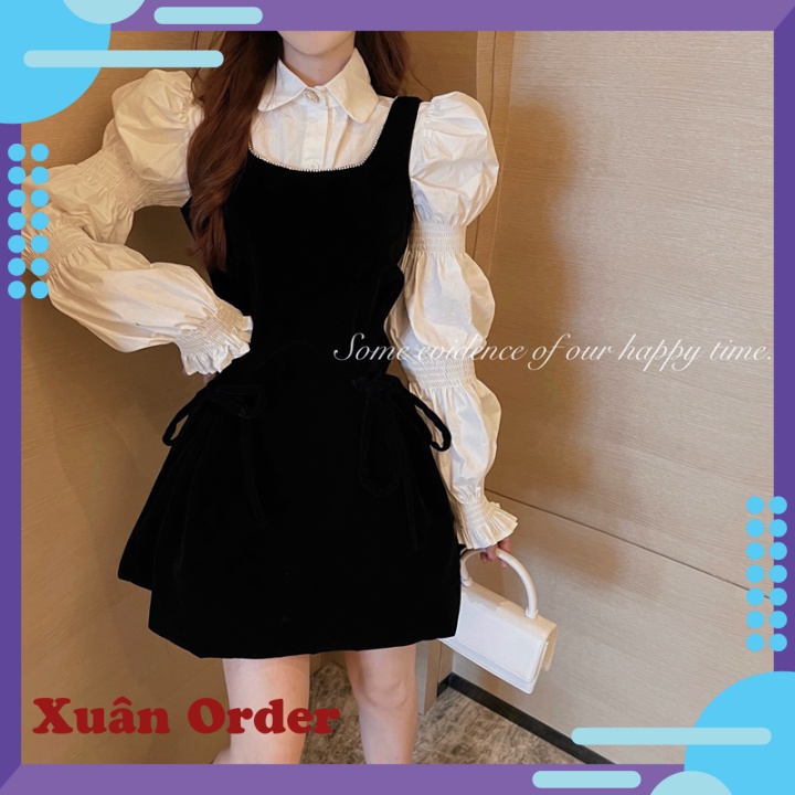 (Order 7-12 ngày) Váy đầu mùa thu phong cách Hepburn 2021 kiểu Pháp mới áo sơ mi tay phồng nhung váy hai mảnh nữ