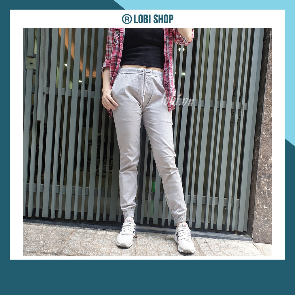 Quần jogger kaki nữ xám trắng | Quần ống bó nữ, vải nhập khẩu co giãn, mềm mại