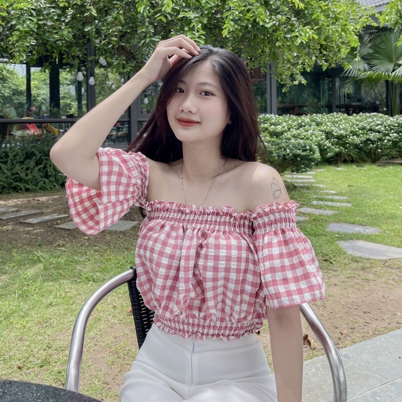 Áo Trễ Vai Tay Phồng Croptop Pikabee 8 màu