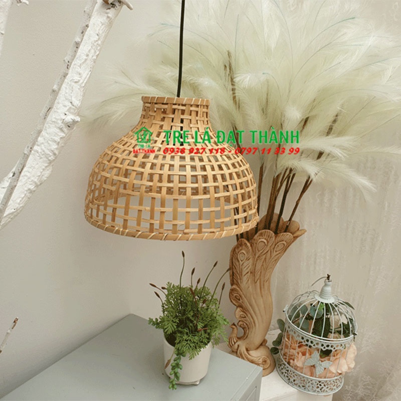 Chao đèn mây tre thả trần quán coffee, đèn chao cạp gỗ