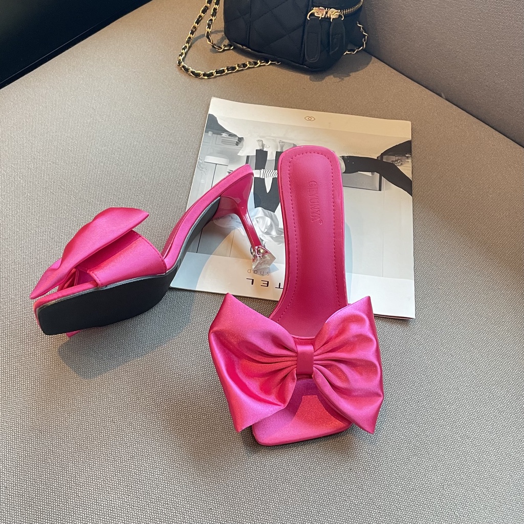 Giày Cao Gót Mũi Vuông Bằng Da Satin Thắt Nơ Xinh Xắn Thời Trang Phổ Biến Cho Nữ 3.35 Inch