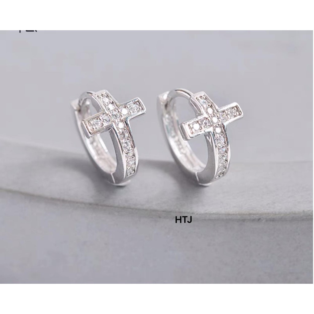 Bông tai nữ bạc ta dạng vòng tròn đính đá hình thánh giá - Bông tai bạc Bibi