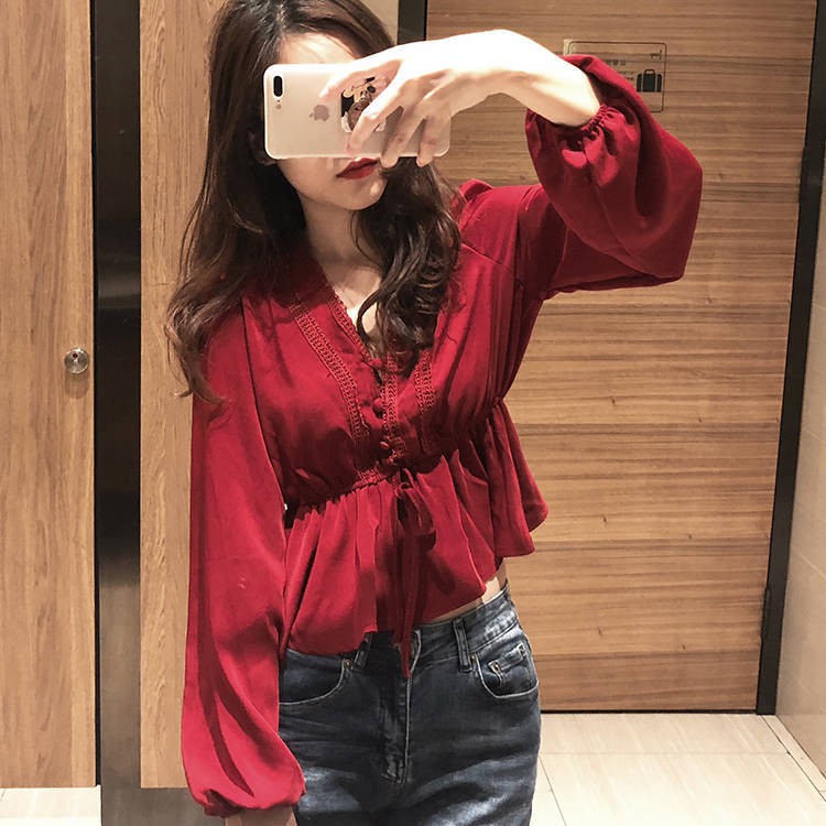 ins super fire little fairy white lantern sleeve retro palace shirt v-neck blouse female summer and autumn new style