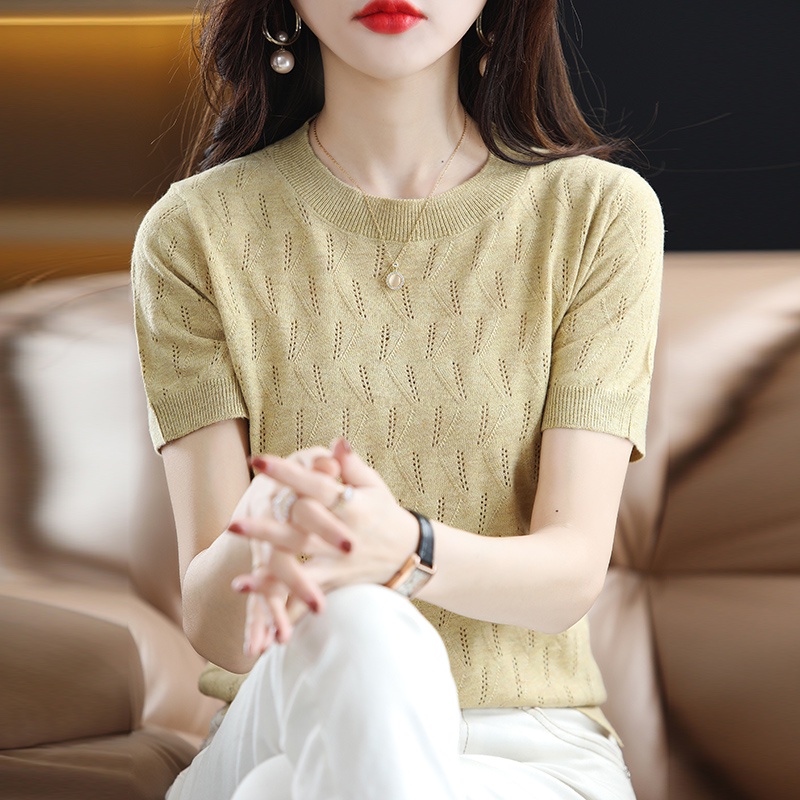 Áo Len Dệt Kim Mỏng Tay Lửng Cổ Tròn Màu Trơn Thời Trang Mùa Hè H4477 22 Dành Cho Nữ