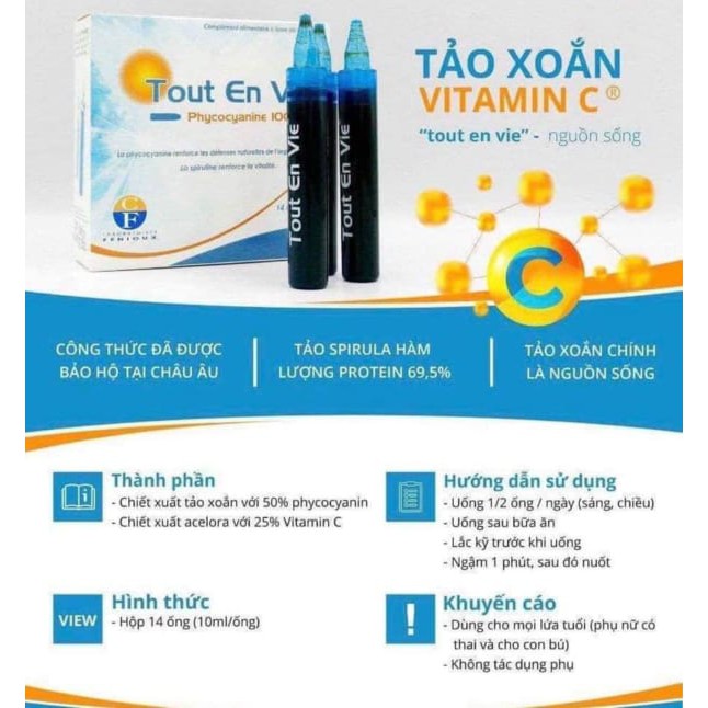 Tảo biển Tout En Vie 🍀 FREESHIP 🍀 Tảo biển Tout En Vie tích hợp vitamin C dạng nước [ Hộp 14 ống ]