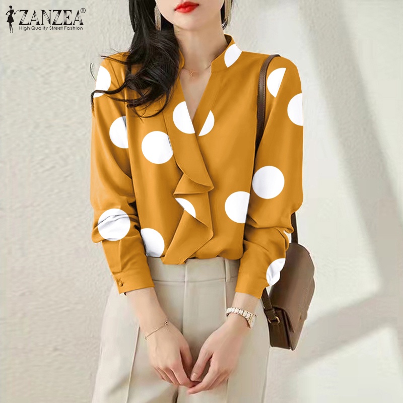 Áo kiểu nữ ZANZEA dáng rộng tay dài cổ V in họa tiết chấm bi thời trang thường ngày
