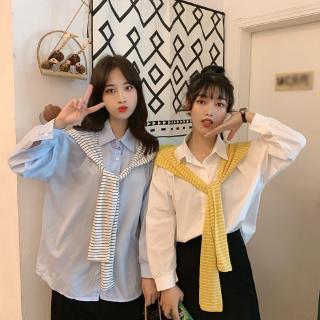 Áo sơ mi kẻ sọc phối khăn choàng phong cách vintage thời trang cho nữ
