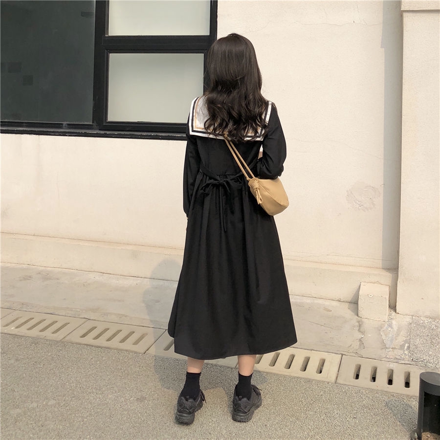 Đầm Midi Chữ a Tay Lửng Cổ Thủy Thủ Dáng Rộng Dễ Phối Đồ Thời Trang Cho Nữ