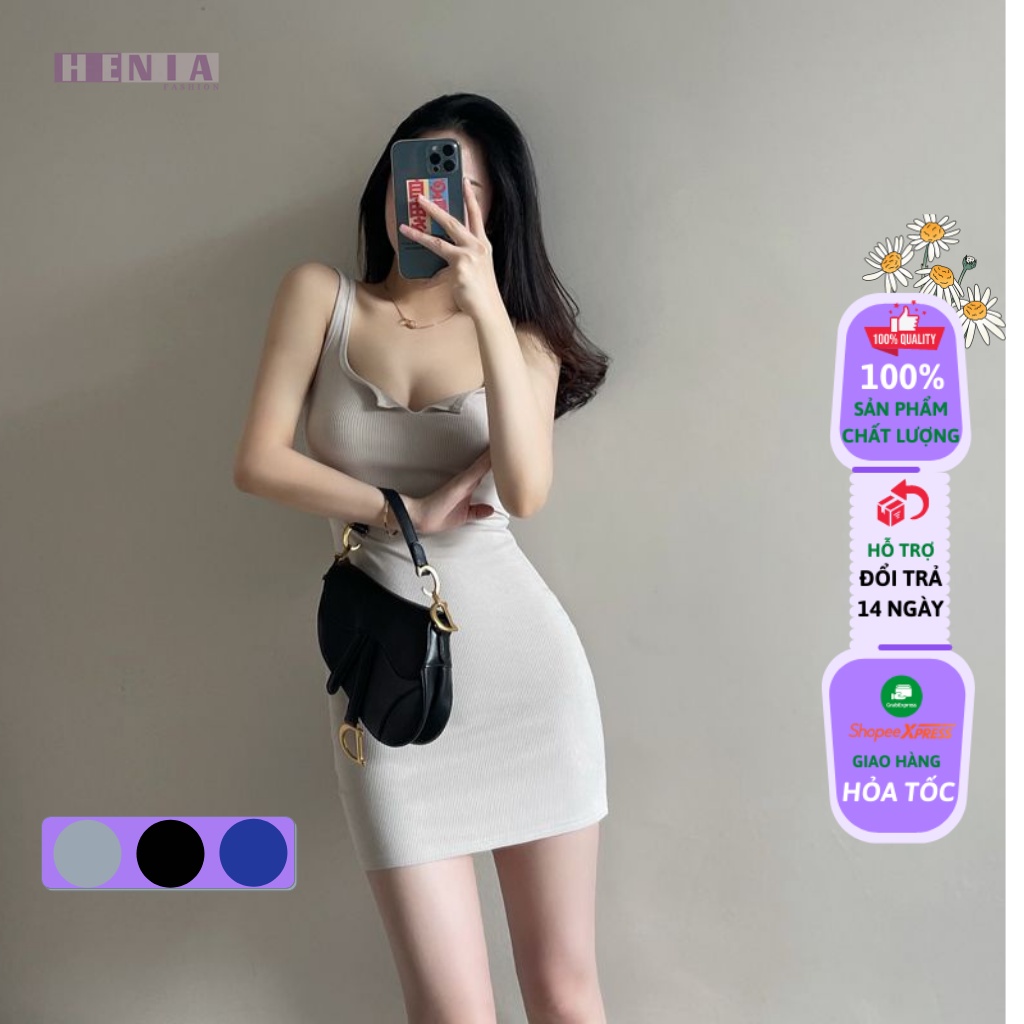 [Tặng Kèm Cột Tóc] Váy Sát Nách, Đầm Body Cổ Xẻ V Thun Gân Cao Cấp Henia