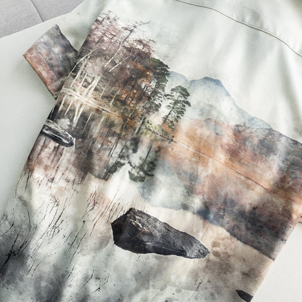 Áo sơ mi nam họa tiết nhiệt đới, chất vải siêu mịn mát 8400