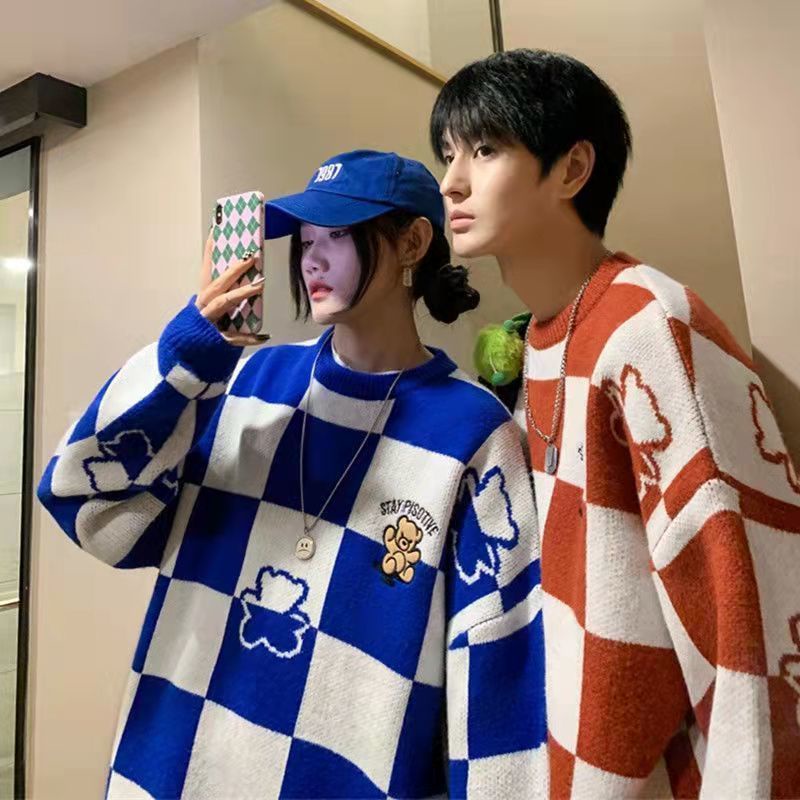 Áo Sweater Dáng Rộng Thêu Hình Gấu Bàn Cờ Vua Kiểu Vintage Thời Trang Mùa Đông Cho Các Cặp Đôi