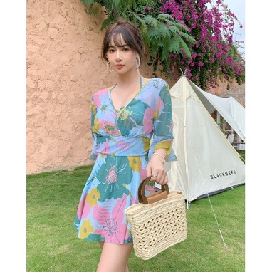 Bộ đồ bơi nữ liền mảnh váy họa tiết hoa chất thun dày đẹp phối lưới xịn size lớn