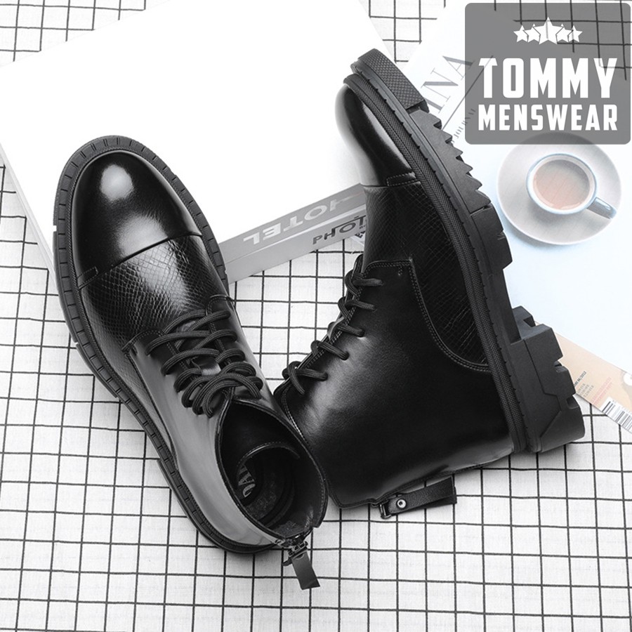 Giày Boot Nam Da Bò Cổ Cao Mũi Tròn Đế Cao TOMMY Giày Nam Đẹp Hàn Quốc Khóa Kéo Cao Cấp GNK157