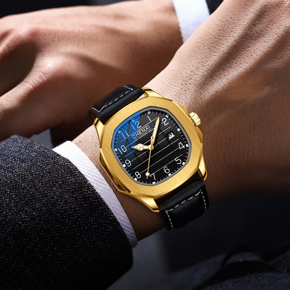 Đồng Hồ Đeo Tay Nam Mặt Vuông Dây Da Chống Thấm Nước Thời Trang