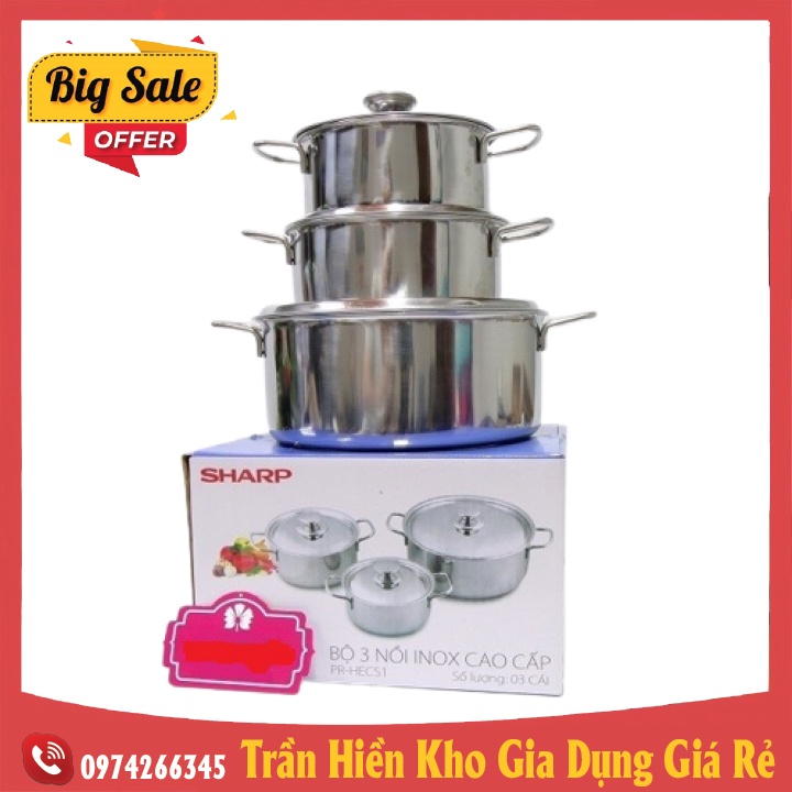 🌺THANH LÝ🌺 Bộ 3 Nồi Inox Sharp Hàng Chính Hãng
