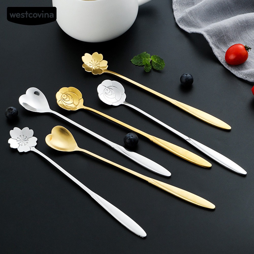 Muỗng cán dài hình bông hoa/ trái tim bằng thép không gỉ tiện lợi