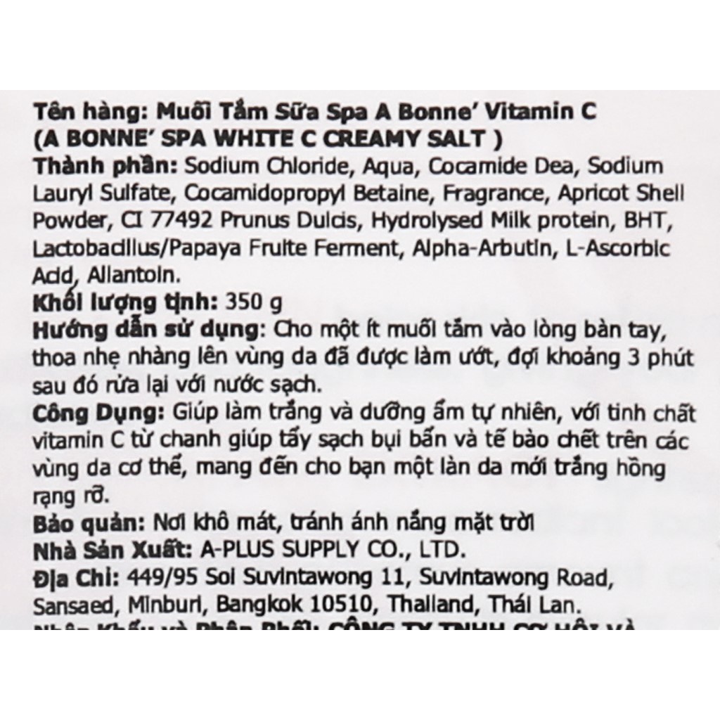 A BONNE' Muối Tắm Spa White C Salt White C Papaya and Lemon Scrub giảm mụn lưng tuýp 350G