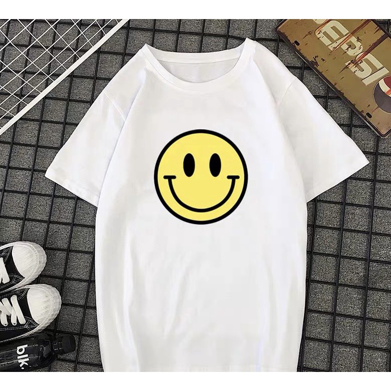 áo thun nam nữ tay lỡ form rộng trắng đen in hình mặt cười drew dễ thương