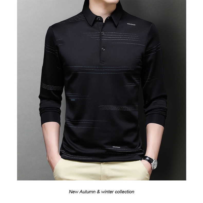 Áo polo Tay Dài Vải Lụa Lạnh Thời Trang Xuân Thu Cho Đàn Ông Trung Niên
