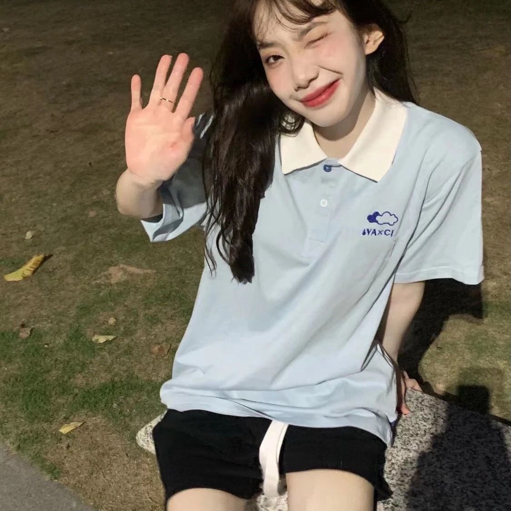 Korean style retro College Style young polo collar cloud loose short-sleeved T-shirt women's ins half-sleeved T-shirt student fashion