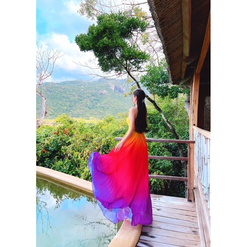 (miễn phí chỉnh váy) đầm maxi yếm dập li màu loang ombre cầu vồng nhiều màu đi biển du lịch chụp hình sống ảo | BigBuy360 - bigbuy360.vn