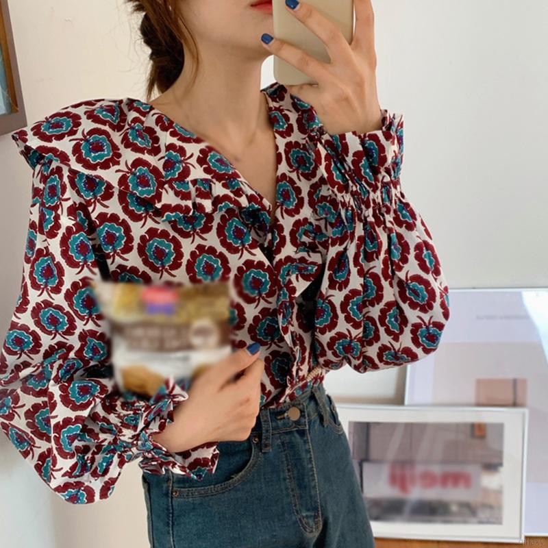 Áo Sơ Mi Tay Dài Chất Chiffon Hoạ Tiết Hoa Phong Cách Hàn Quốc