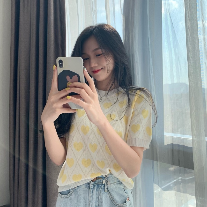 【Hana and Alice】Áo Thun Tay Ngắn Dệt Kim Thời Trang Mùa Hè 2023 Phong Cách Mới Cho Nữ